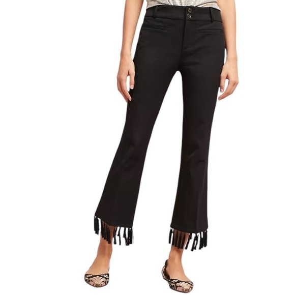Anthropologie Black The Essential Tassel Hem Crop Flare Pants - Picture 1 of 10